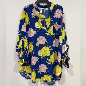 LARA Floral V-Neck Blouse - Blue, Yellow, Pink